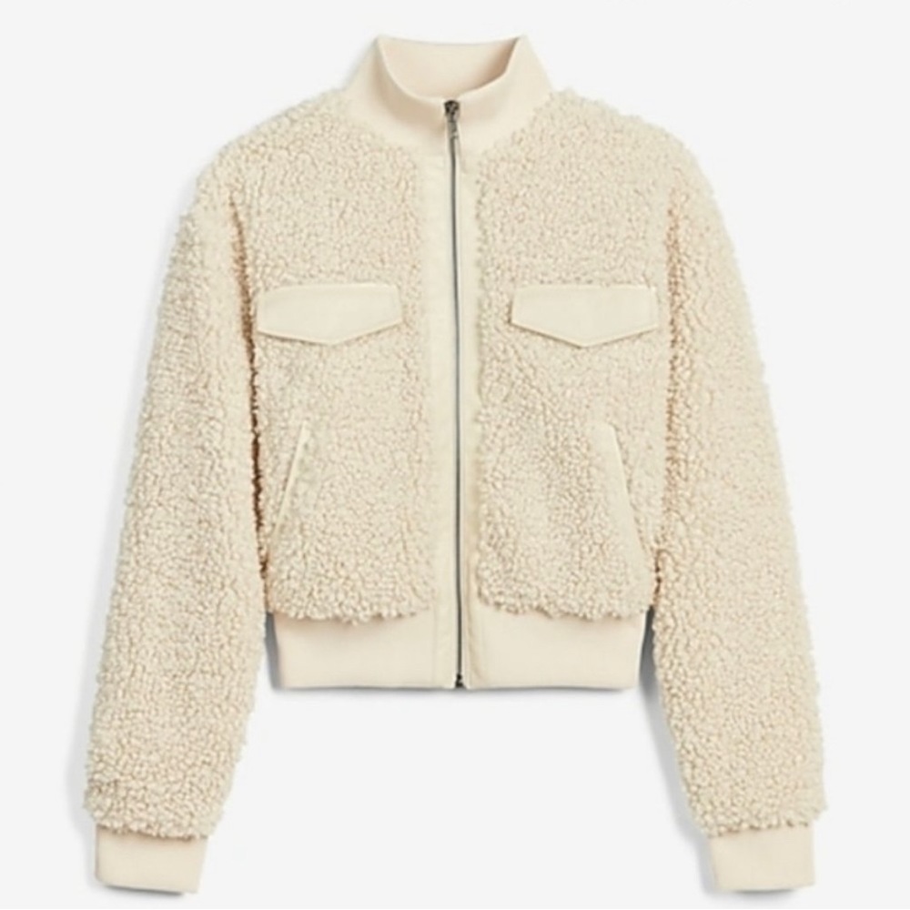Express x Negin Mirsalehi cream sherpa jacket